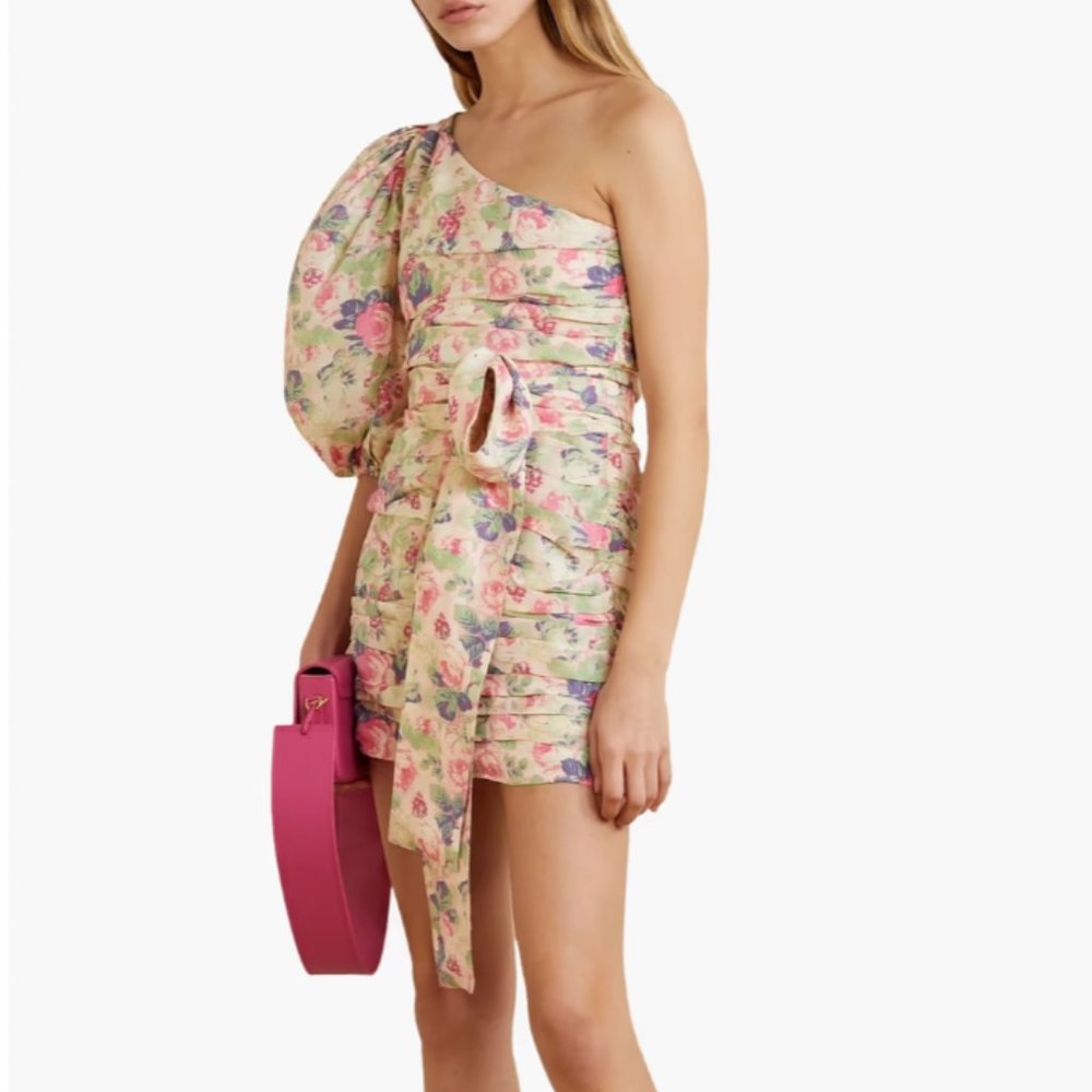 NWT LOVESHACKFANCY Altie One Shoulder Pleated Floral Print Satin Mini Dress 8